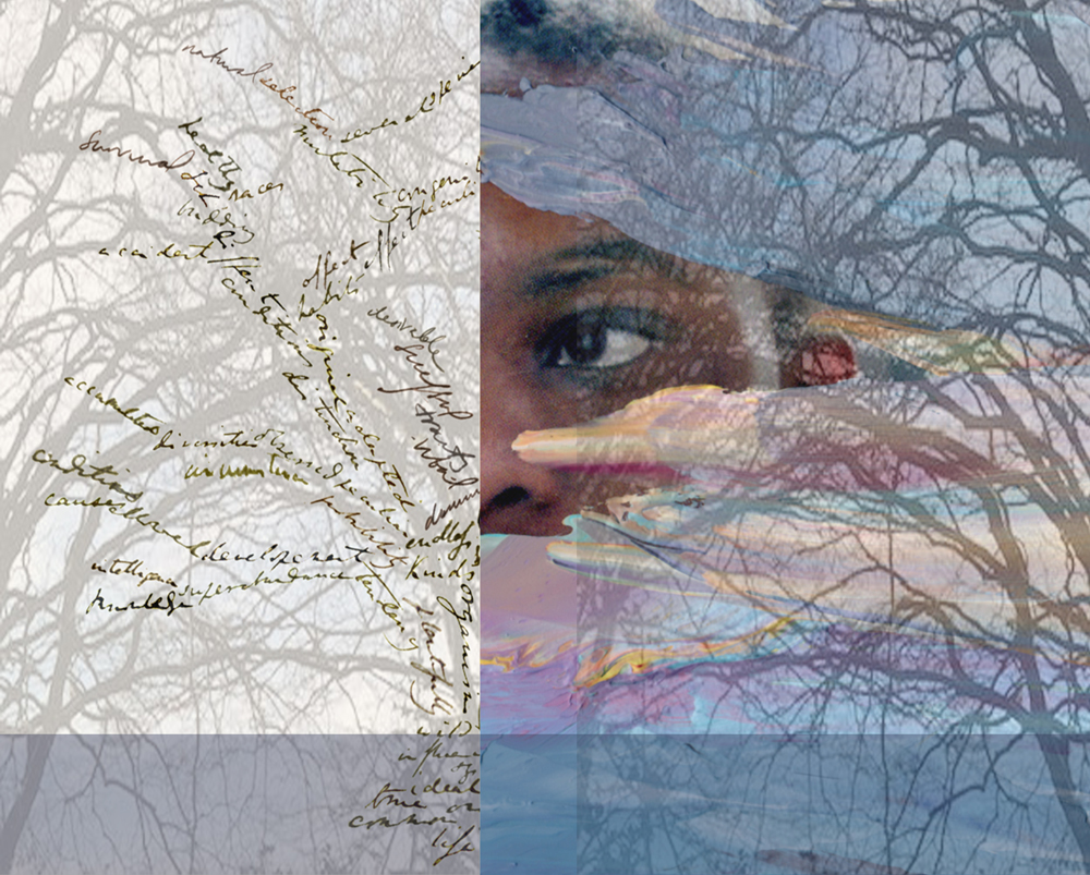 layered image of trees, Darwin's handwriting and a child's face