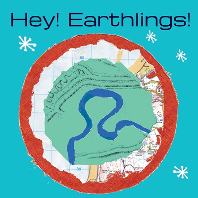 tuquoise square with organge circle with map detail - Hey! Earthlings logo