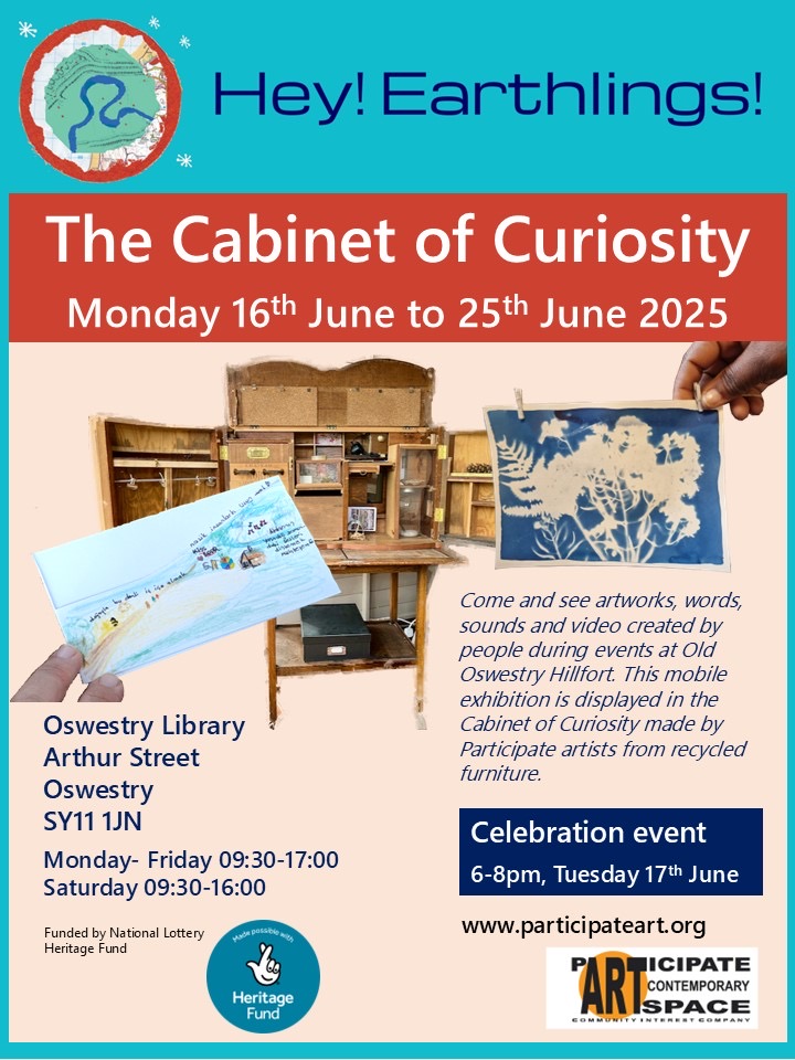 Poster for Hey!Earthlings! The cabinet of curiosity exhibition at Oswestry Library, Monday, the 16th of June to the 25th of June 2025