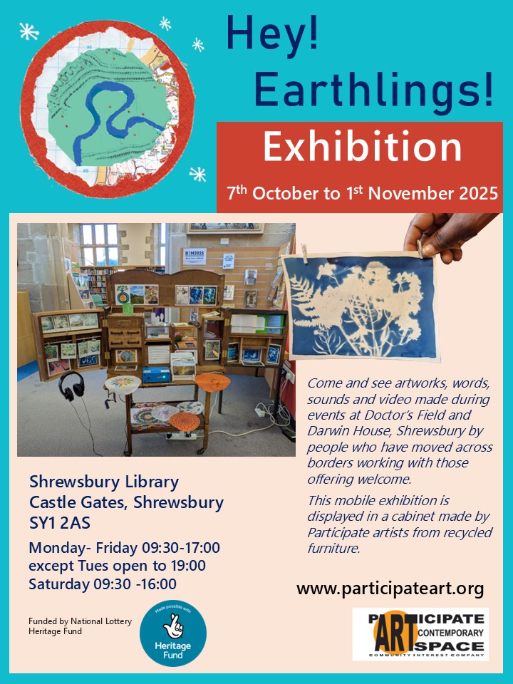 flyer for Hey! Earthlings! Exhibition at Shrewsbury Library beginning on the 7th of October until the 1st of November.