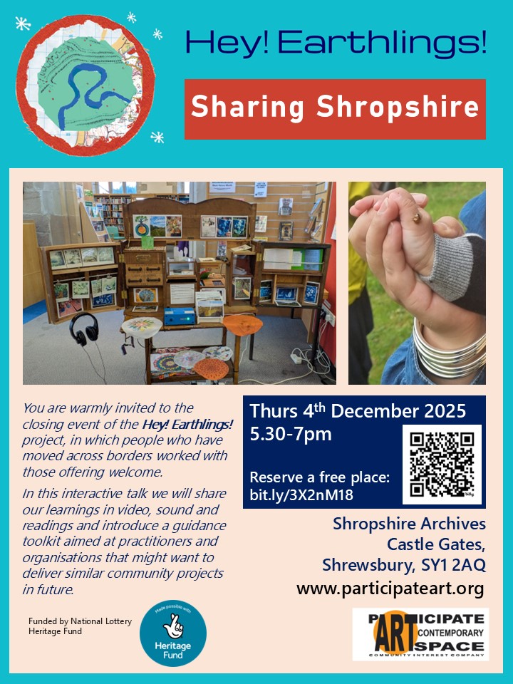 Poster for Hey! Earthlings! Sharing Shropshire Event at Shropshire Archive, Thursday 4th Dec -5:30-7:30 pm