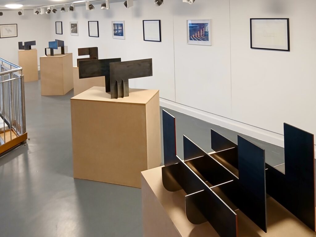 Geometric sculptures in an exhibition